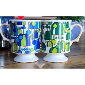 Vtg Pedestal Mugs Geometric Umbrella Pattern Retro Groovy 70s Colorful Japan x2